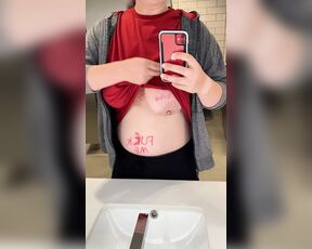 Sexy Chubby BBW Flashes her Bound Nipples With Body Writing in Public Restroom!