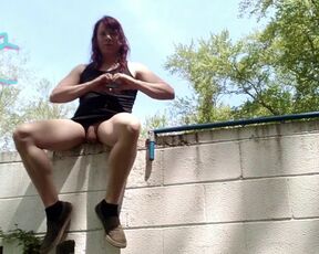 Tgirl super public piss from a wall