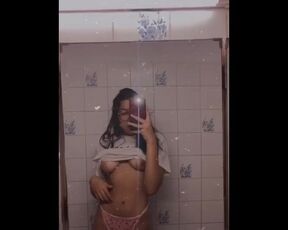 Topless cute selfie in student dorm college bathroom - real shy amateur cellphone mirror video girl