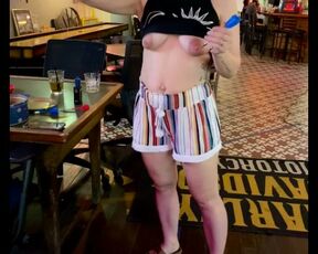 Public fun tits out exhibition playing darts flashing boobs at the local bar flasher milf